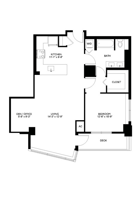 Floor plan for 1 bed, 1 bath, 967 sqft